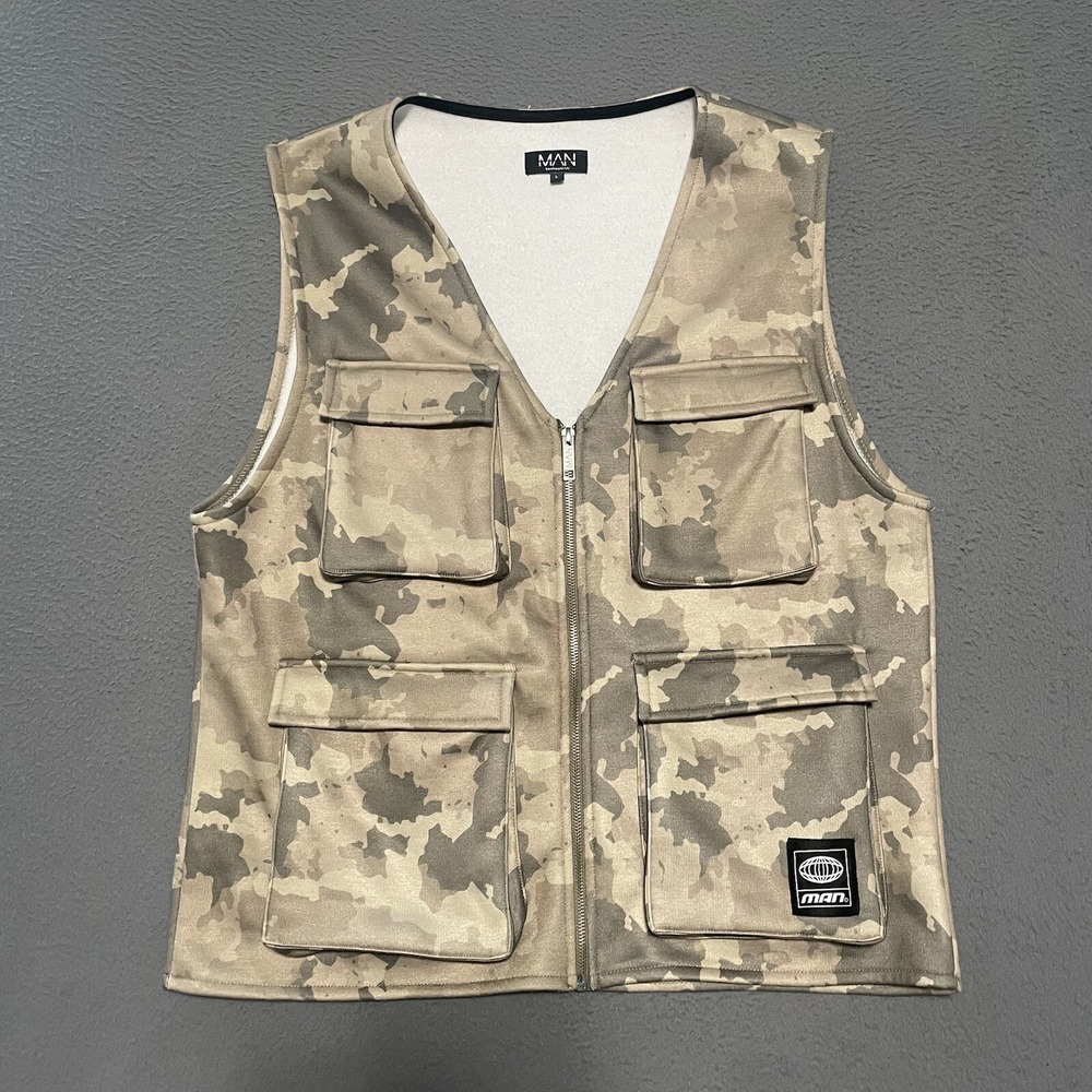 Boohoo Man Camouflage Fleece Vest Full Zip Multiple Pockets Large Hip Hop Grunge